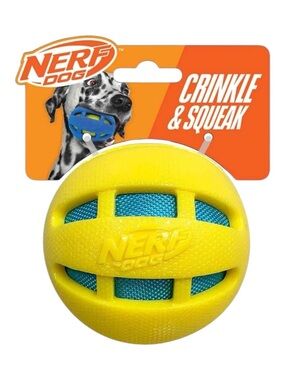 3.8in TPR Checker Squeak and Crunch Ball Dog Toy Yellow with Blue Crunch Bag NEW
